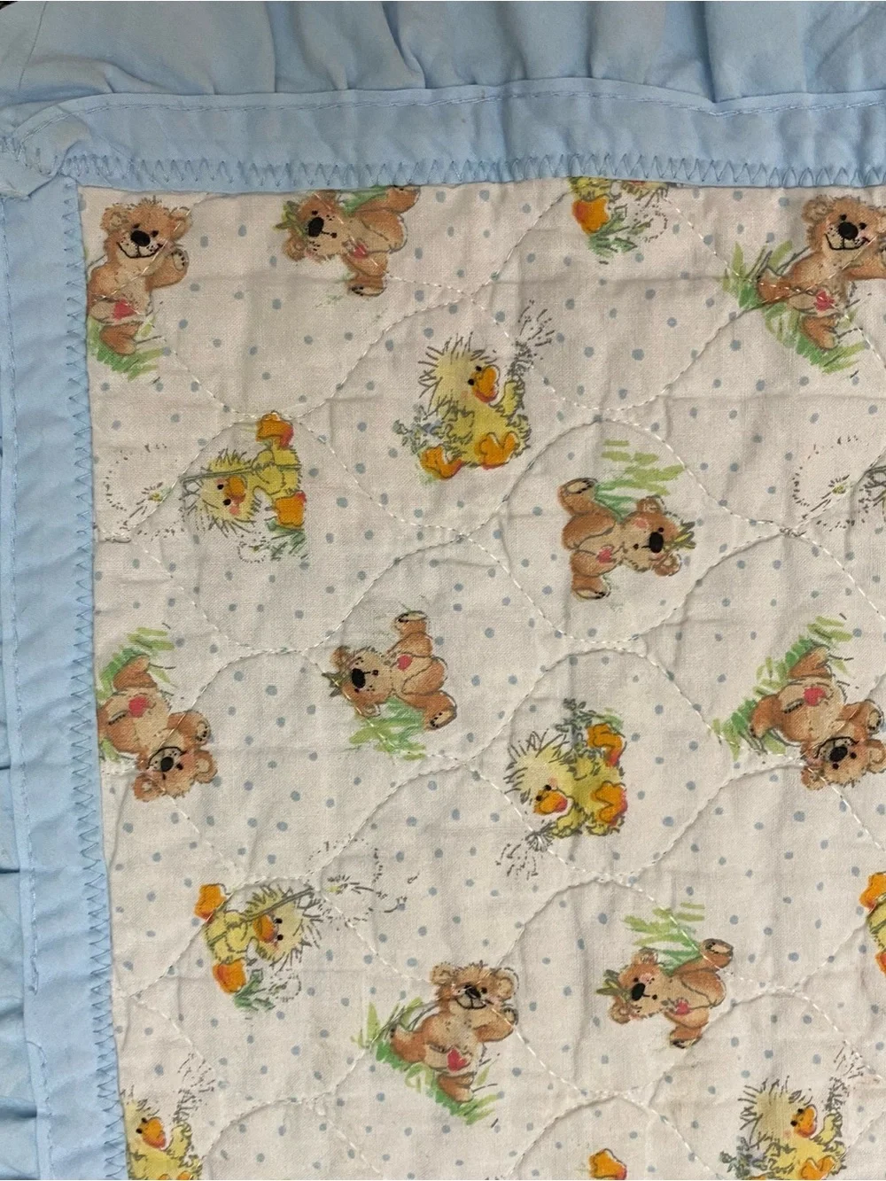 Vintage 1980s Whimsical Pastel Baby Crib Quilt - Duck Bear Giraffe Bunny